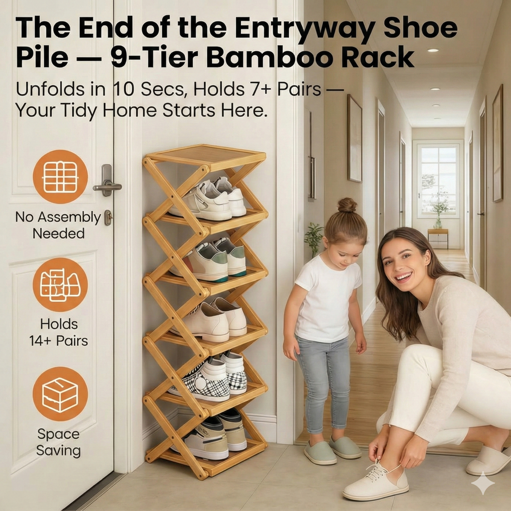 Premium 9-Tier Bamboo Storage Rack – No Assembly Required